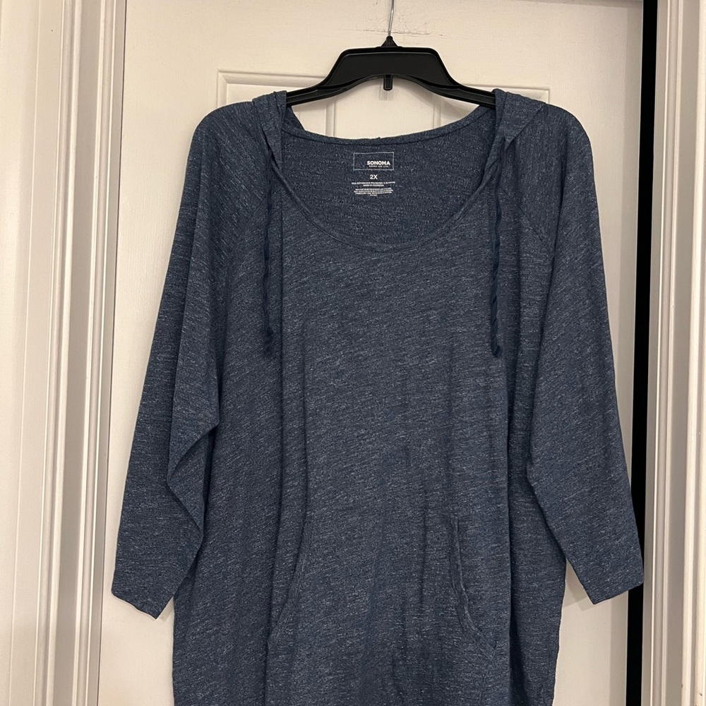 Sonoma Women's Heathered Blue 3/4 Sleeve Hoodie Sweatshirt